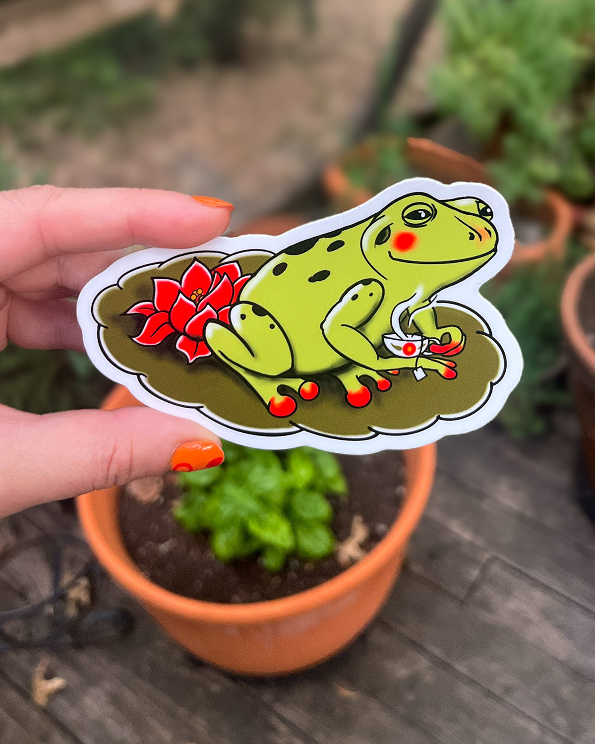 Tea Time Frog Vinyl Sticker